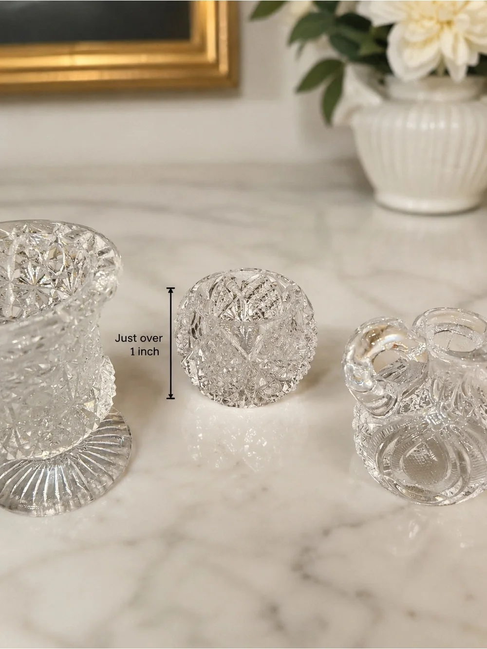 Vintage Miniature Cut Glass Set Vase Open Salt Pitcher Creamer 3 Pc Clear